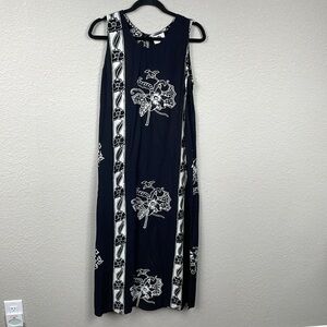Hilo Hattie Hawaiian Floral Tank Dress Black White Sleeveless Vacation Sz M